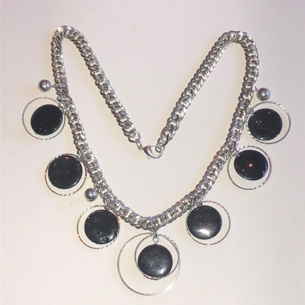 Silver Tone Chain Necklace with Black Circular Shell Pendants